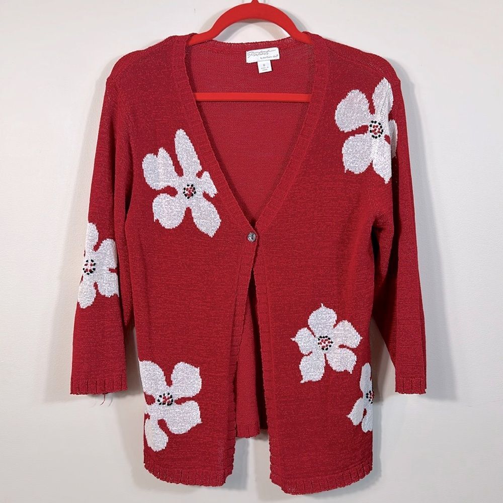 Portraits Northern Isles Red White Flower Knit Cardigan 3/4 Sleeve Women Medium